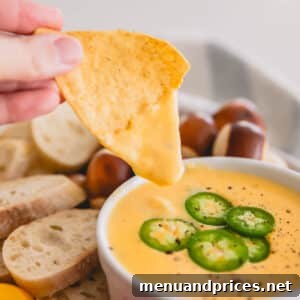 Cheddar Jalapeno Dip 14 A hand dipping a chip into spicy cheddar dip.