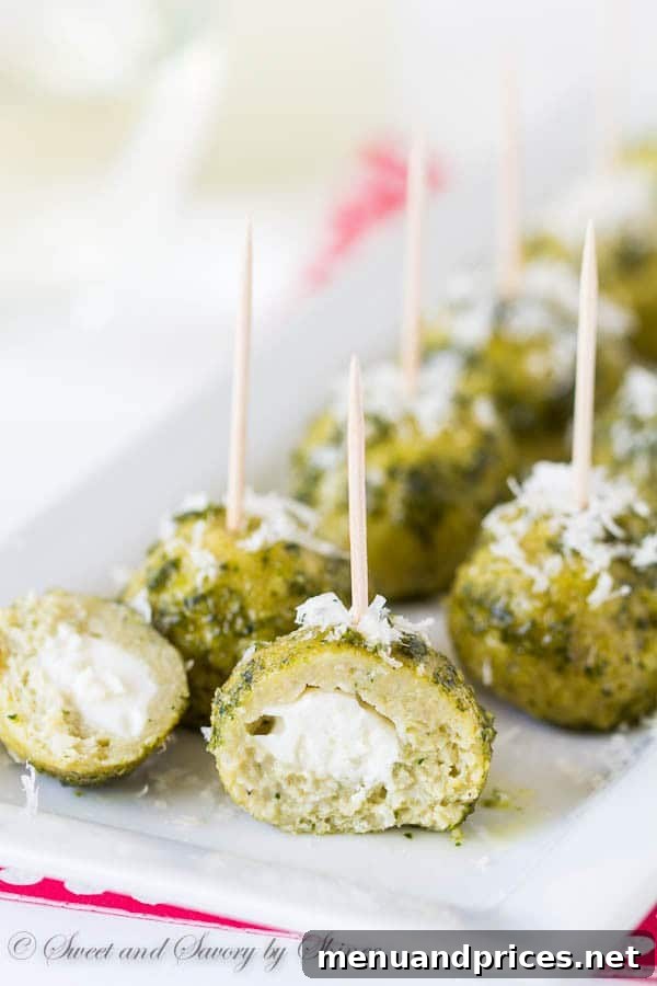 Pesto-Infused Mozzarella Chicken Meatballs 5 These pesto mozzarella chicken meatballs are packed with flavor and super easy to make in just 3 simple steps. Stunning and delicious appetizer in minutes!