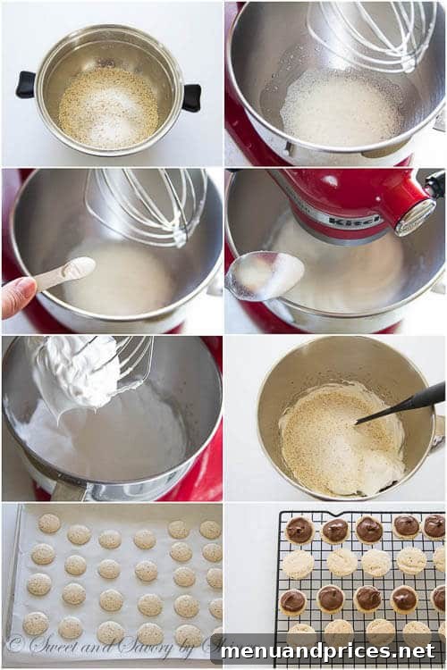 Chocolate Hazelnut Praline Macarons 4 A step-by-step photo tutorial for making chocolate hazelnut macarons, showing the different stages of preparation.