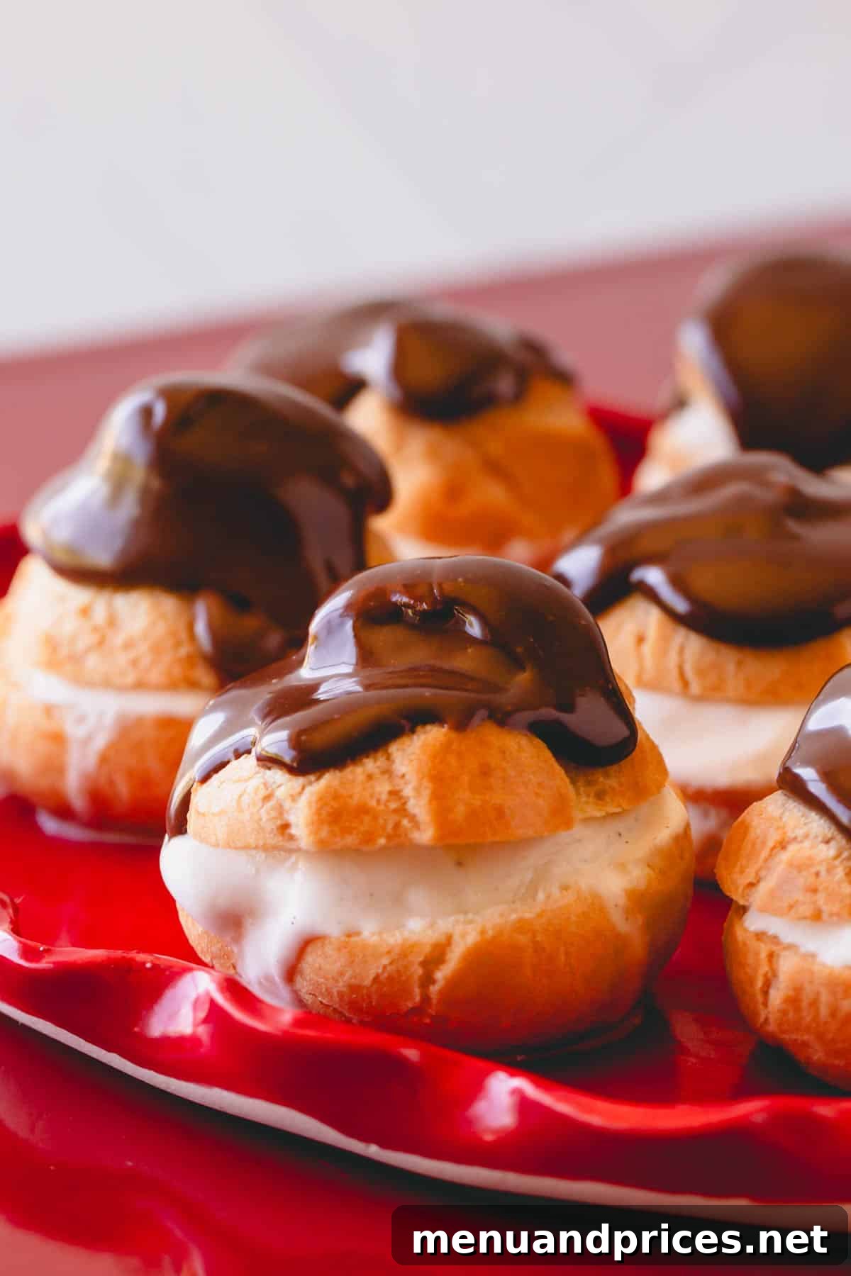 A perfectly arranged plate of chocolate profiteroles, ready to be enjoyed.
