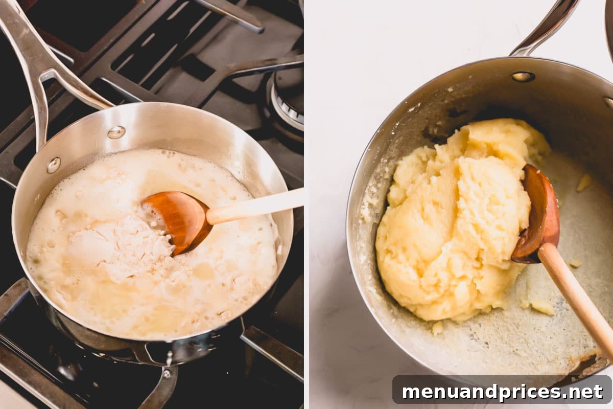Dough ingredients being combined in a pot on the stove for choux pastry.