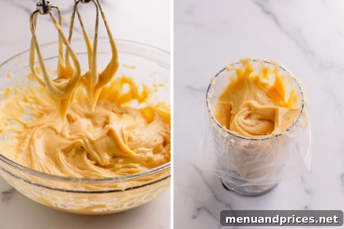 A stand mixer with dough on the paddle attachment, and a piping bag full of dough in a cup, illustrating piping preparation.