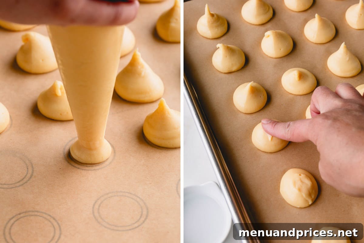 Profiteroles dough being piped onto a baking sheet and gently flattened with a wet fingertip.