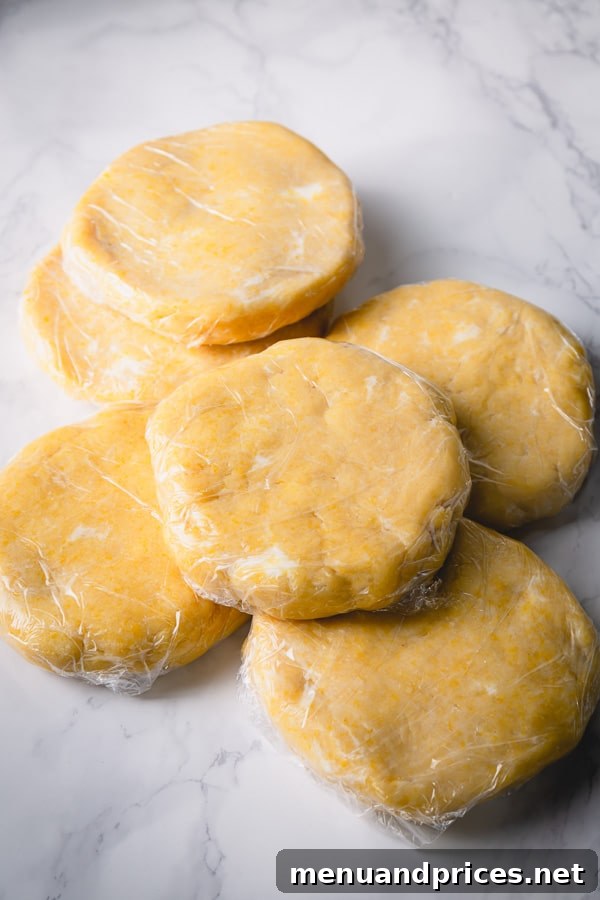 Pure Butter Flaky Pie Pastry 4 Two discs of pie dough, perfectly wrapped in plastic film, resting on a elegant marble background, signifying readiness for chilling or freezing.