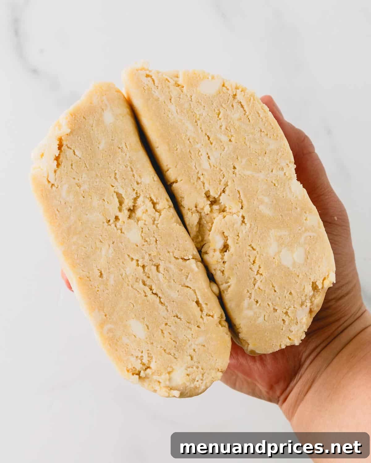 Pure Butter Flaky Pie Pastry 5 A cross-section of raw pie dough revealing distinct, visible chunks of butter marbled throughout, essential for a flaky crust.
