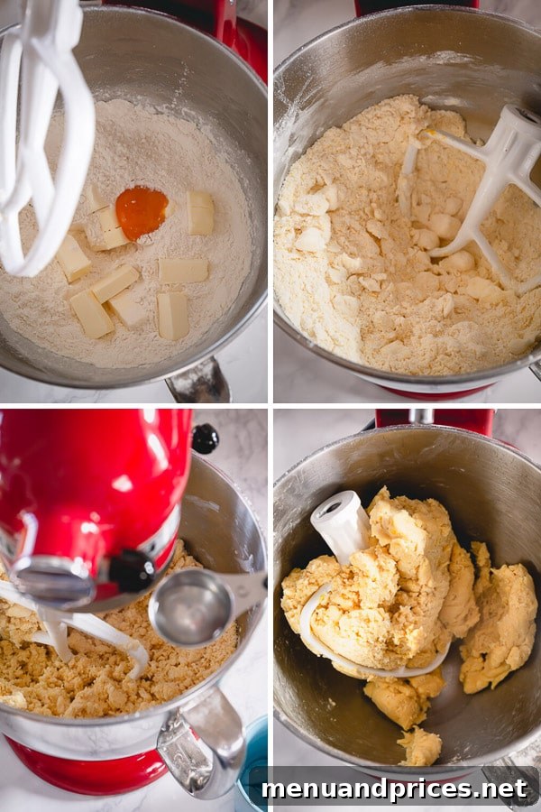 Pure Butter Flaky Pie Pastry 7 A four-panel collage showing the process of making pie dough in a stand mixer: starting with dry ingredients, adding butter, mixing until crumbly, and finally forming a cohesive dough.