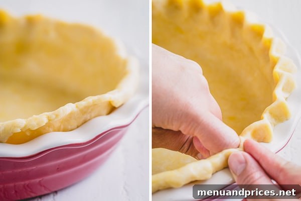 Pure Butter Flaky Pie Pastry 8 A two-panel image showing the process of crimping pie crust edges: the first image shows raw dough with overhang in a pie dish, and the second demonstrates the 3-finger crimping technique.