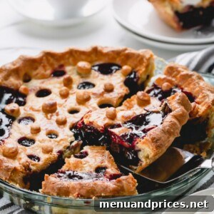 A tempting photo of a finished sweet cherry pie, with a scoop of vanilla ice cream, ready for serving.