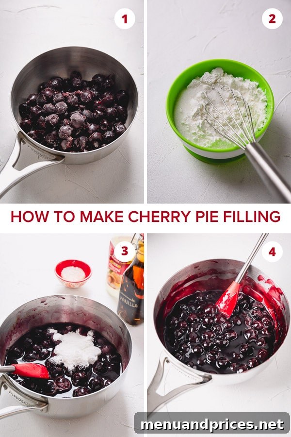 A saucepan filled with rich, bubbling homemade cherry pie filling, thick and luscious, ready to be poured into the pie crust.