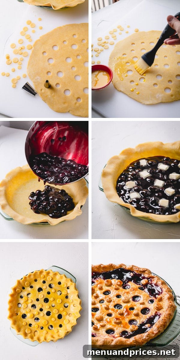 A step-by-step image of assembling a cherry pie, showing the bottom crust, a generous layer of cherry filling, and the decorative top crust being placed.