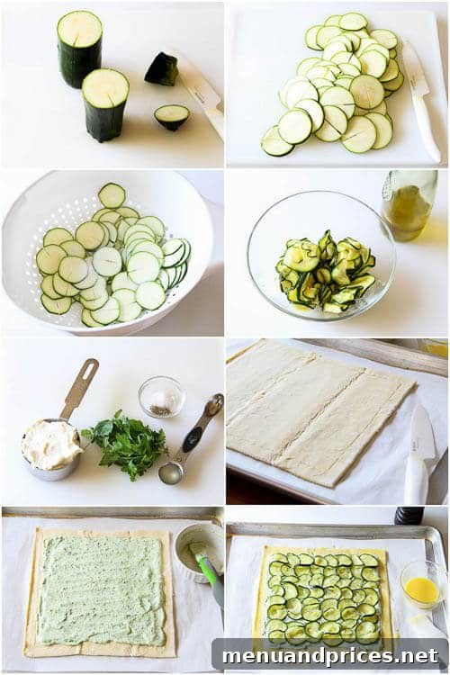 Summer Zucchini Ricotta Tart 6 Step-by-step photo tutorial showing the process of making zucchini ricotta tart from pastry prep to final arrangement.