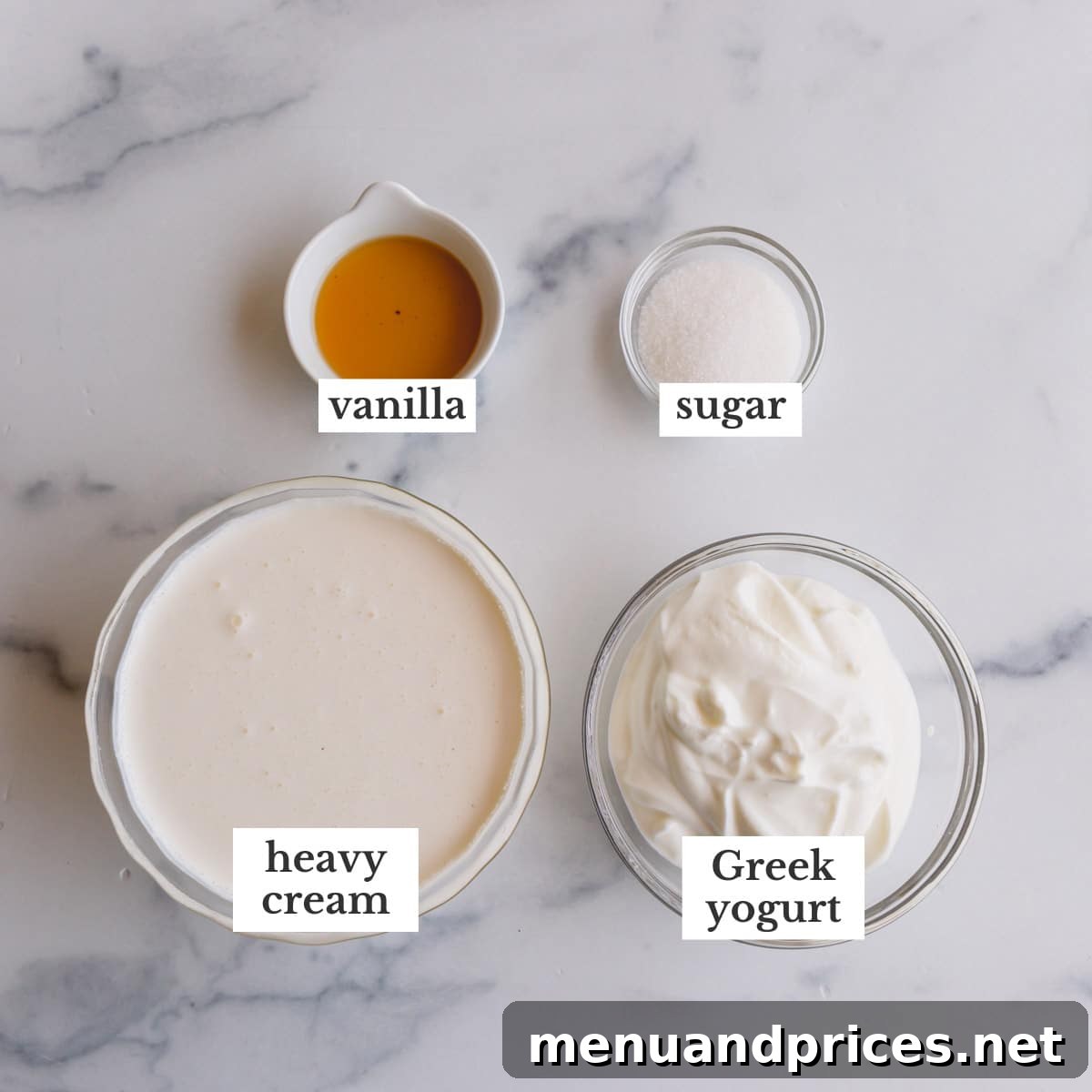Cloud-Like Homemade Whipped Cream 3 Four key ingredients for homemade yogurt whipped cream: heavy cream, Greek yogurt, granulated sugar, and vanilla extract.
