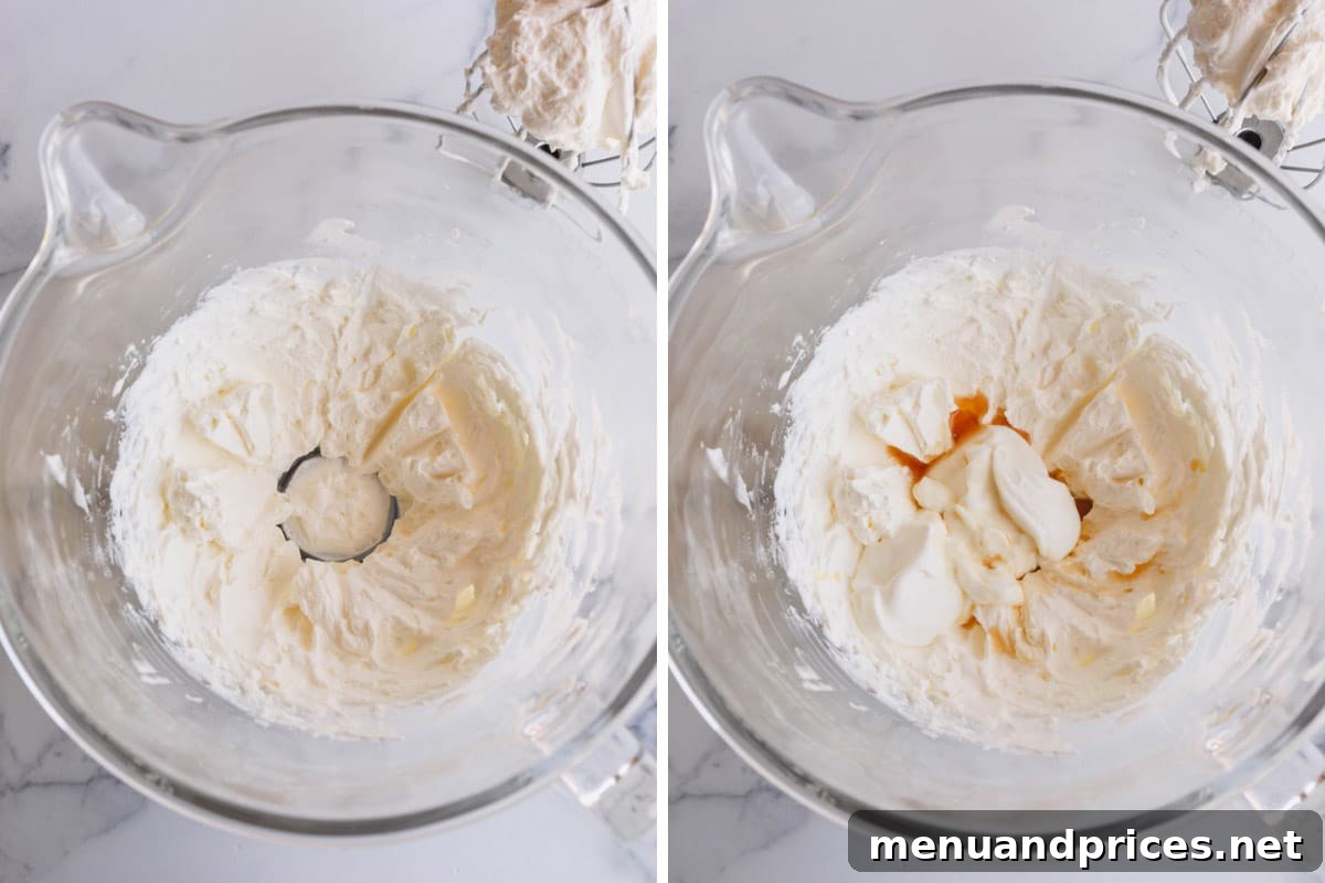 Cloud-Like Homemade Whipped Cream 4 A step-by-step visual guide showing heavy cream being whipped with a hand mixer, then Greek yogurt and vanilla added.