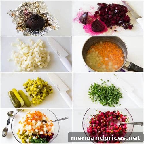 Vibrant Russian Root Vegetable Salad 5 Russian vinaigrette salad - step by step photo directions for dicing and combining ingredients