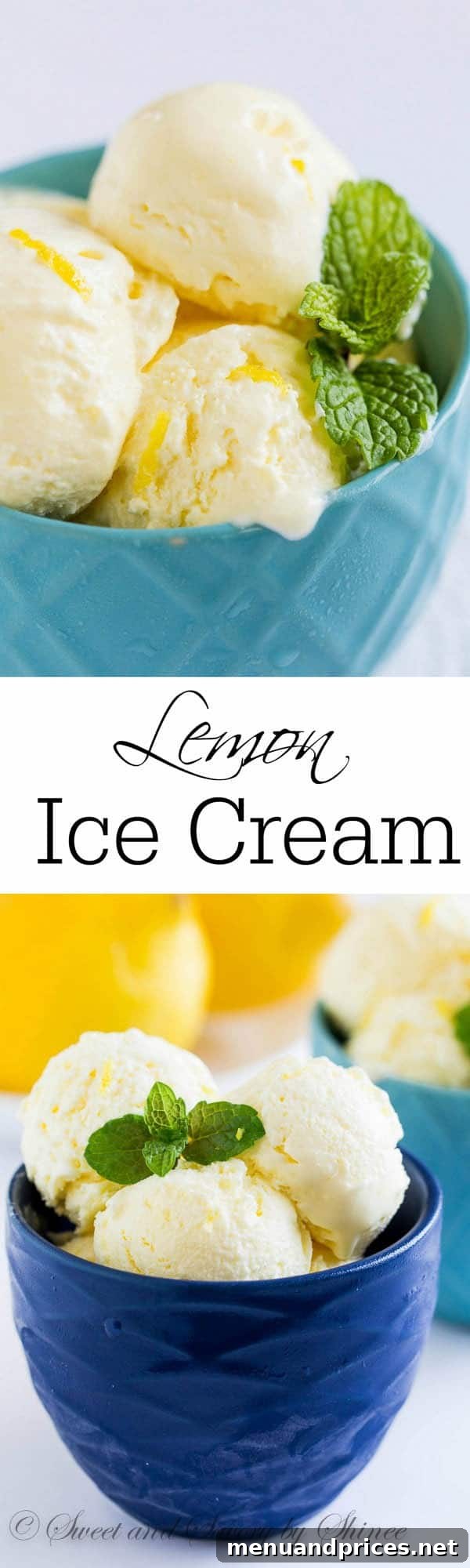 A vibrant bowl of homemade lemon ice cream, garnished with fresh lemon slices and mint, perfectly capturing the refreshing essence of summer.