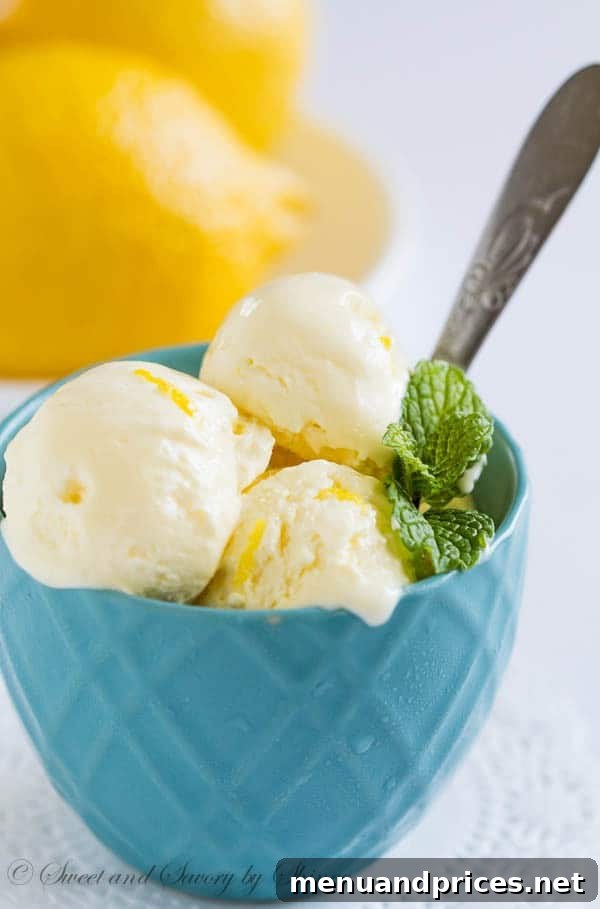 Zesty Lemon Dream 4 Another enticing image of lemon ice cream in a bowl, with a spoon ready to dive in, emphasizing its irresistible appeal.