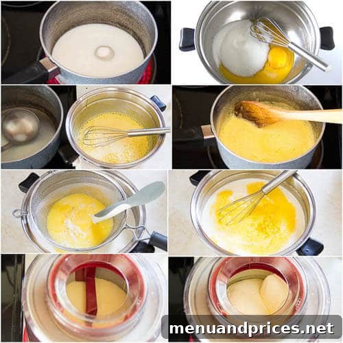 Zesty Lemon Dream 6 Step-by-step photo tutorial showing the custard mixture being strained into heavy cream for lemon ice cream.