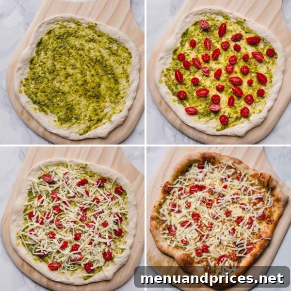 Slow-Roasted Tomato & Golden Mozzarella Pizza 7 Step-by-step collage photo illustrating the process of making pesto pizza: spreading pesto, adding tomatoes, and topping with cheese.