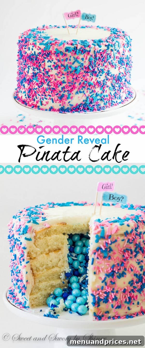 Tall 6-layer white cake covered with sweet and tangy cream cheese frosting and filled with colorful candies and sprinkles inside. Deliciously fun way to reveal the gender of a new bundle of joy!
