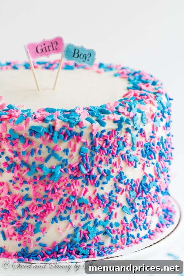 Confetti Burst Gender Reveal Cake 3 Tall 6-layer white cake covered with sweet and tangy cream cheese frosting and filled with colorful candies and sprinkles inside. Deliciously fun way to reveal the gender of a new bundle of joy!