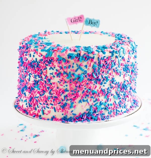 Confetti Burst Gender Reveal Cake 4 Tall 6-layer white cake covered with sweet and tangy cream cheese frosting and filled with colorful candies and sprinkles inside. Deliciously fun way to reveal the gender of a new bundle of joy!