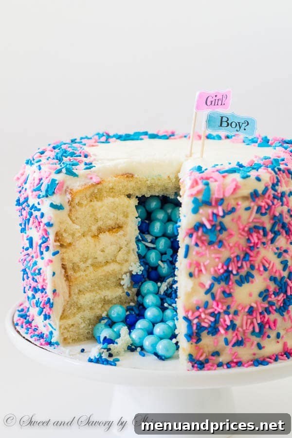 Confetti Burst Gender Reveal Cake 5 Tall 6-layer white cake covered with sweet and tangy cream cheese frosting and filled with colorful candies and sprinkles inside. Deliciously fun way to reveal the gender of a new bundle of joy!
