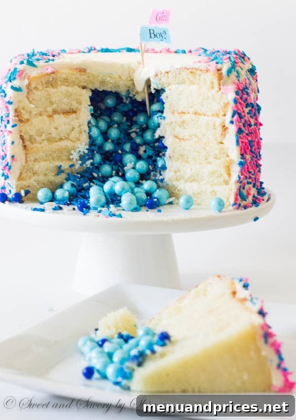 Confetti Burst Gender Reveal Cake 10 Tall 6-layer white cake covered with sweet and tangy cream cheese frosting and filled with colorful candies and sprinkles inside. Deliciously fun way to reveal the gender of a new bundle of joy!