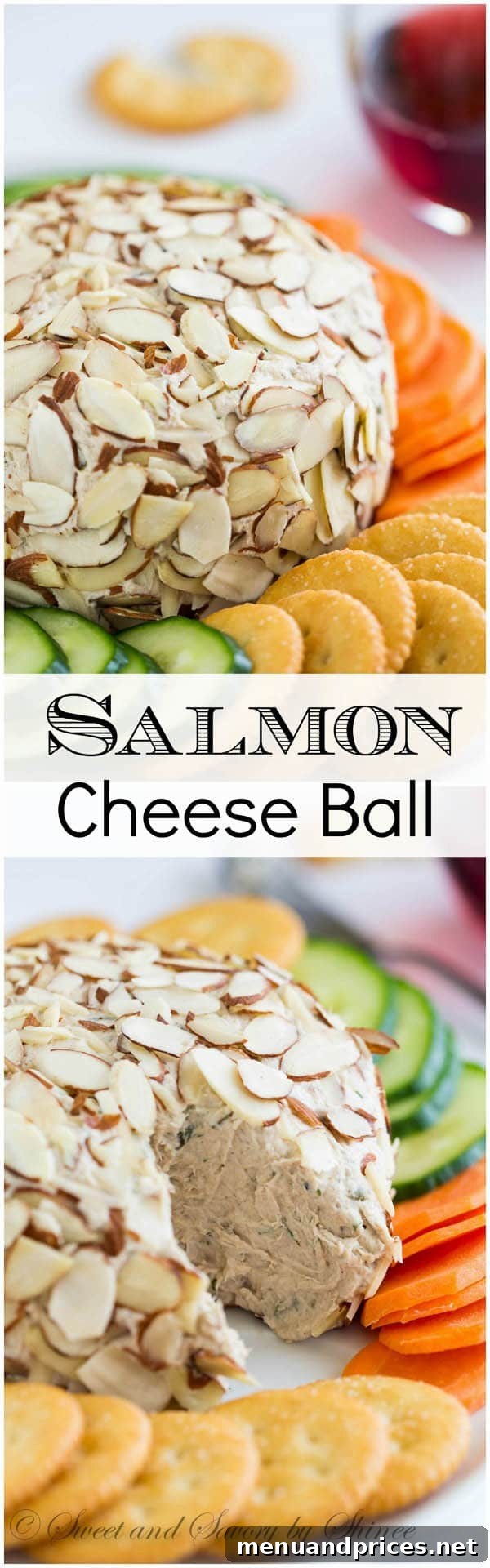 Close-up of a salmon cheese ball on a platter with crackers and fresh vegetables.