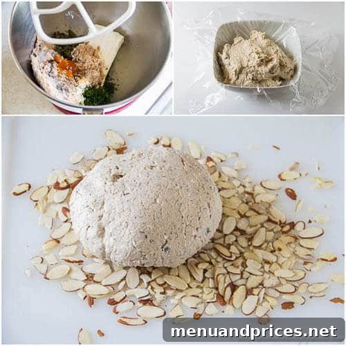 Step-by-step tutorial image showing ingredients being mixed for salmon cheese ball.