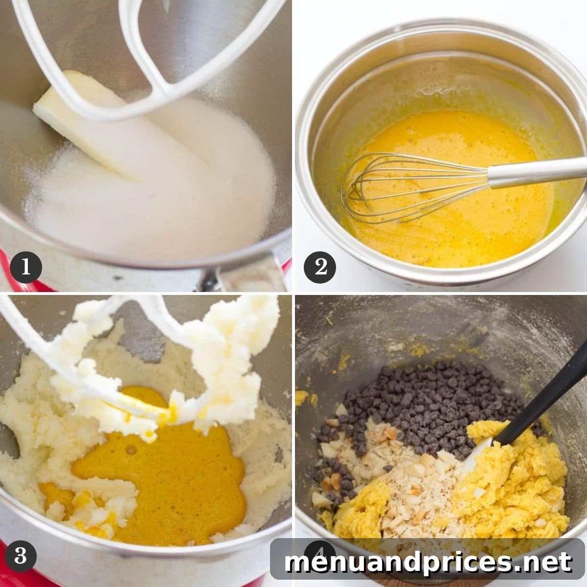 Golden Yolk Delights 3 Four step-by-step images illustrating the process of making cookie dough: creaming butter and sugar, adding egg yolks, mixing dry ingredients, and folding in chocolate chips.