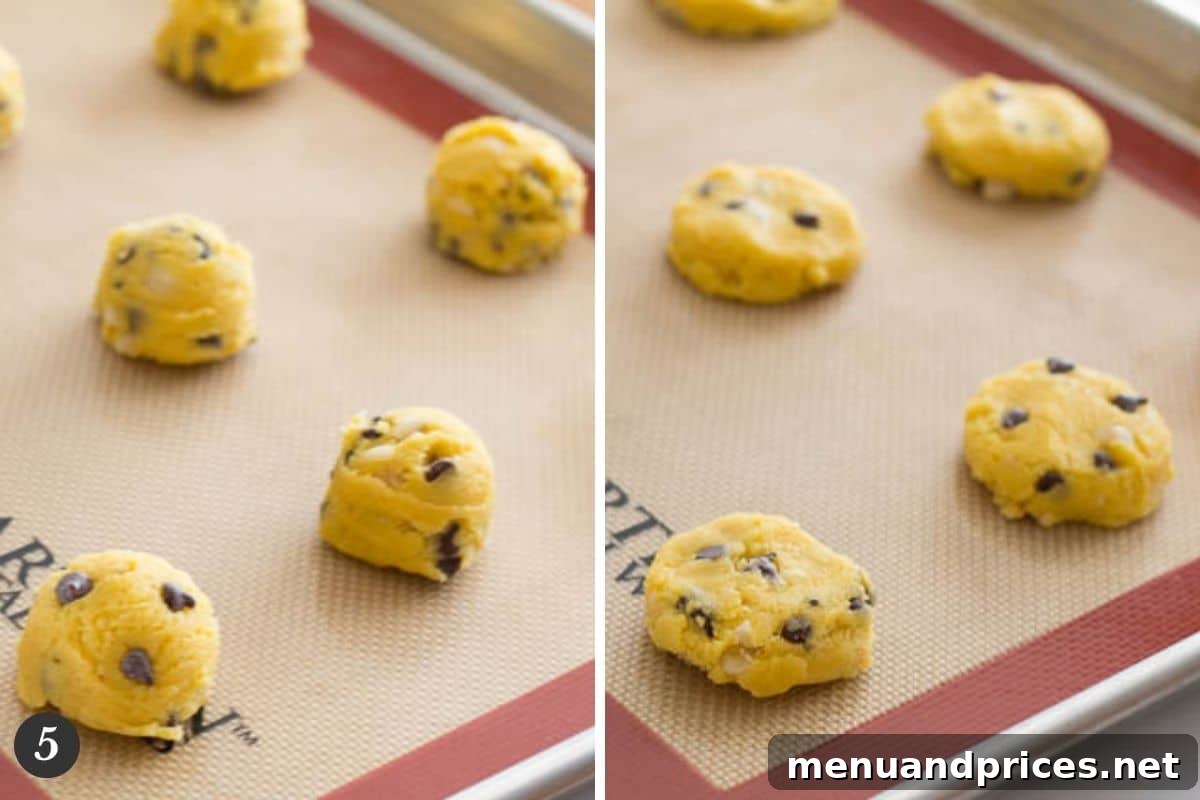 Golden Yolk Delights 4 Side-by-side images showing scooped cookie dough balls and gently flattened cookie doughs arranged on a baking mat, ready for the oven.