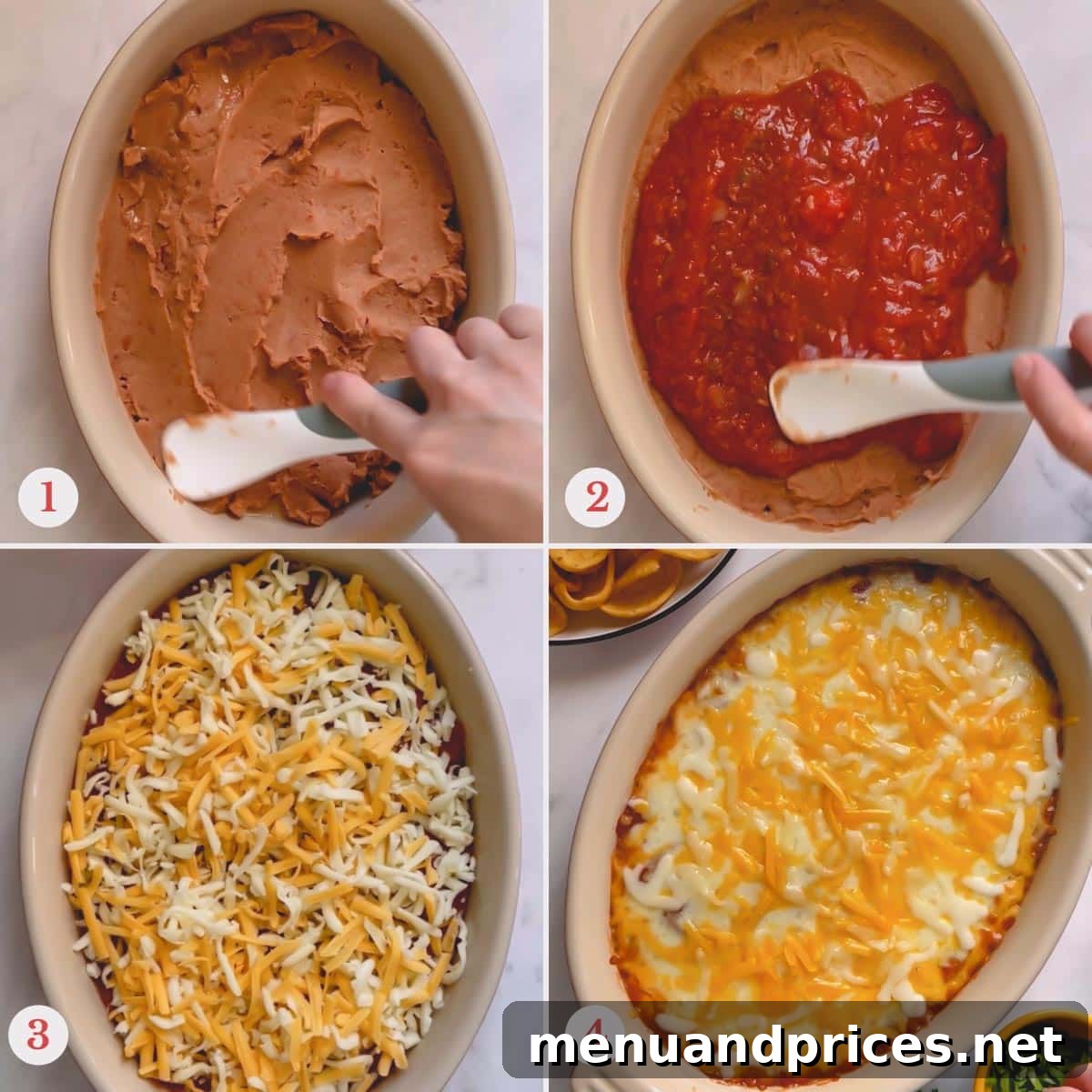 Effortless Cheesy Bean Dip 3 Four step-by-step images illustrating the process of making bean dip: 1. Spreading refried beans in a dish. 2. Layering salsa over the beans. 3. Sprinkling shredded cheese evenly on top. 4. The finished, bubbly baked bean dip.