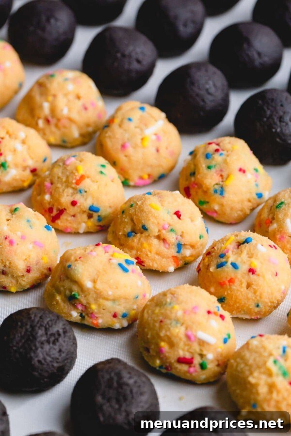 Uncoated funfetti Oreo balls, speckled with colorful sprinkles.