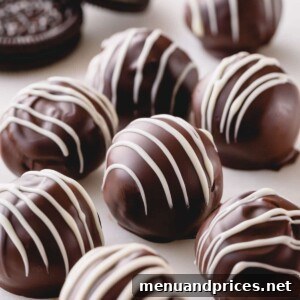 Dark chocolate Oreo balls with white chocolate drizzle.
