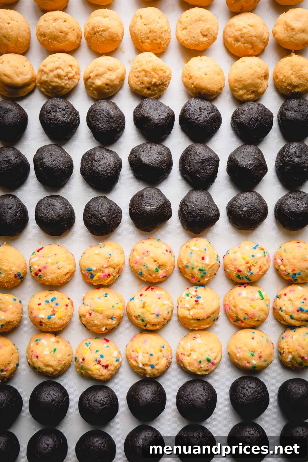 Uncoated white and chocolate Oreo balls neatly arranged on a baking sheet, ready for dipping.
