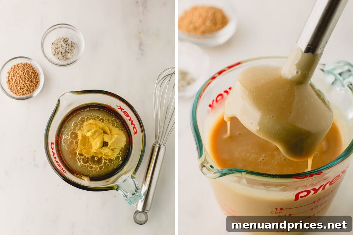 Sweet & Tangy Homemade Honey Dijon Dressing 5 An immersion blender actively emulsifying honey Dijon dressing in a measuring cup, creating a smooth, creamy texture.