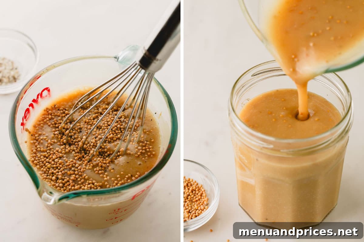 Sweet & Tangy Homemade Honey Dijon Dressing 6 Whole grain mustard seeds being gently stirred into a creamy honey Dijon dressing with a whisk.