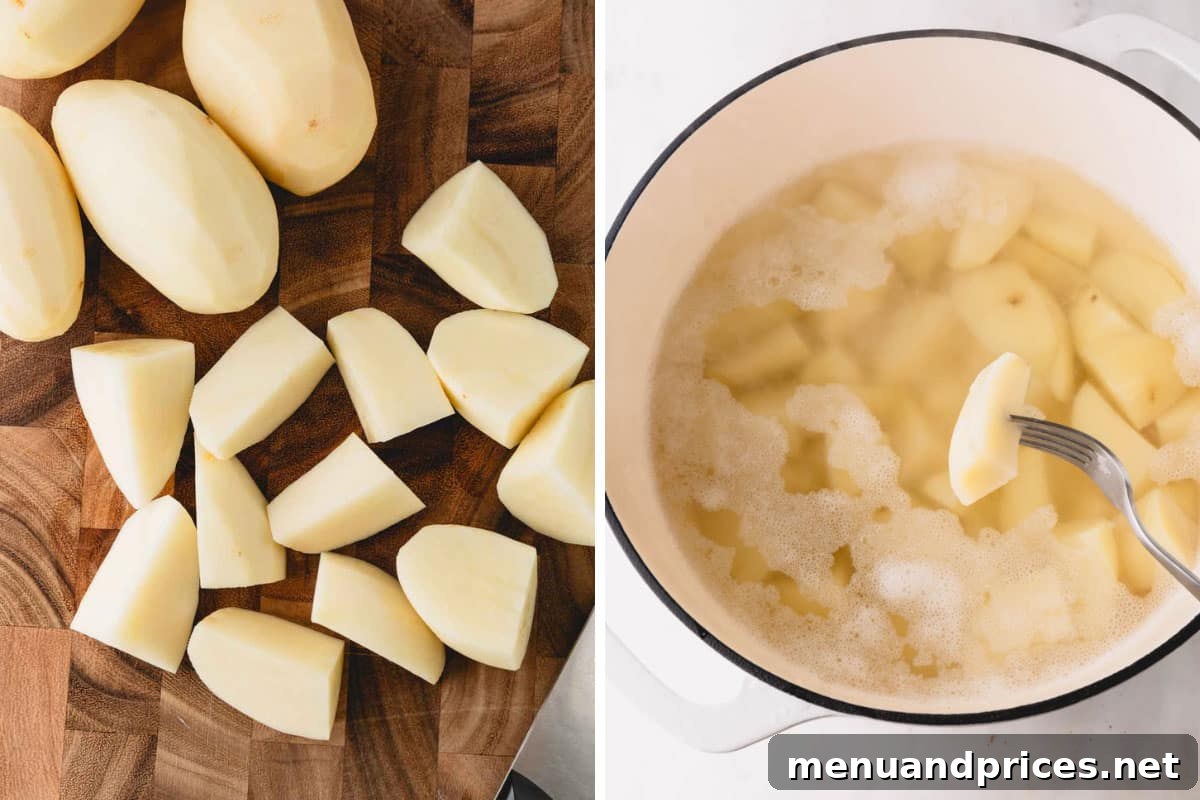 Garlic Infused Potato Perfection 4 Peeled Russet potatoes cut into uniform pieces and boiling in a large pot with water and seasonings.