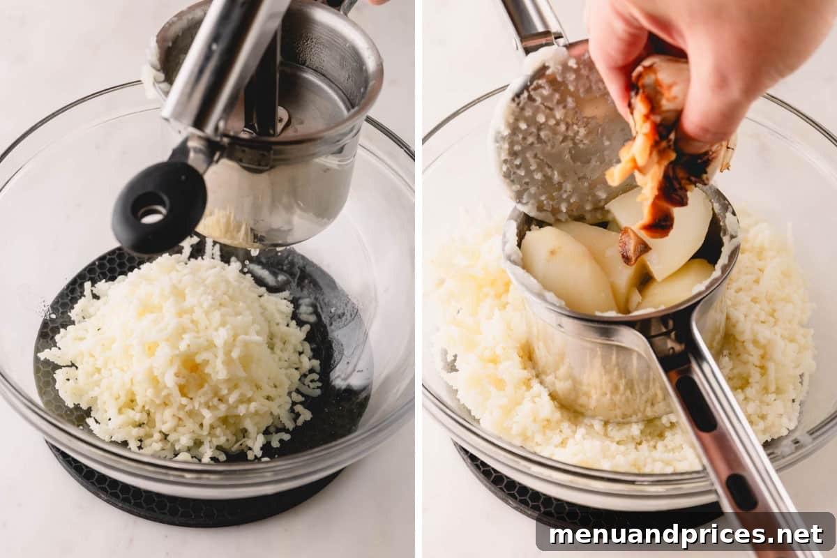 Garlic Infused Potato Perfection 5 Boiled potatoes being passed through a ricer, with roasted garlic cloves being added for infusion.