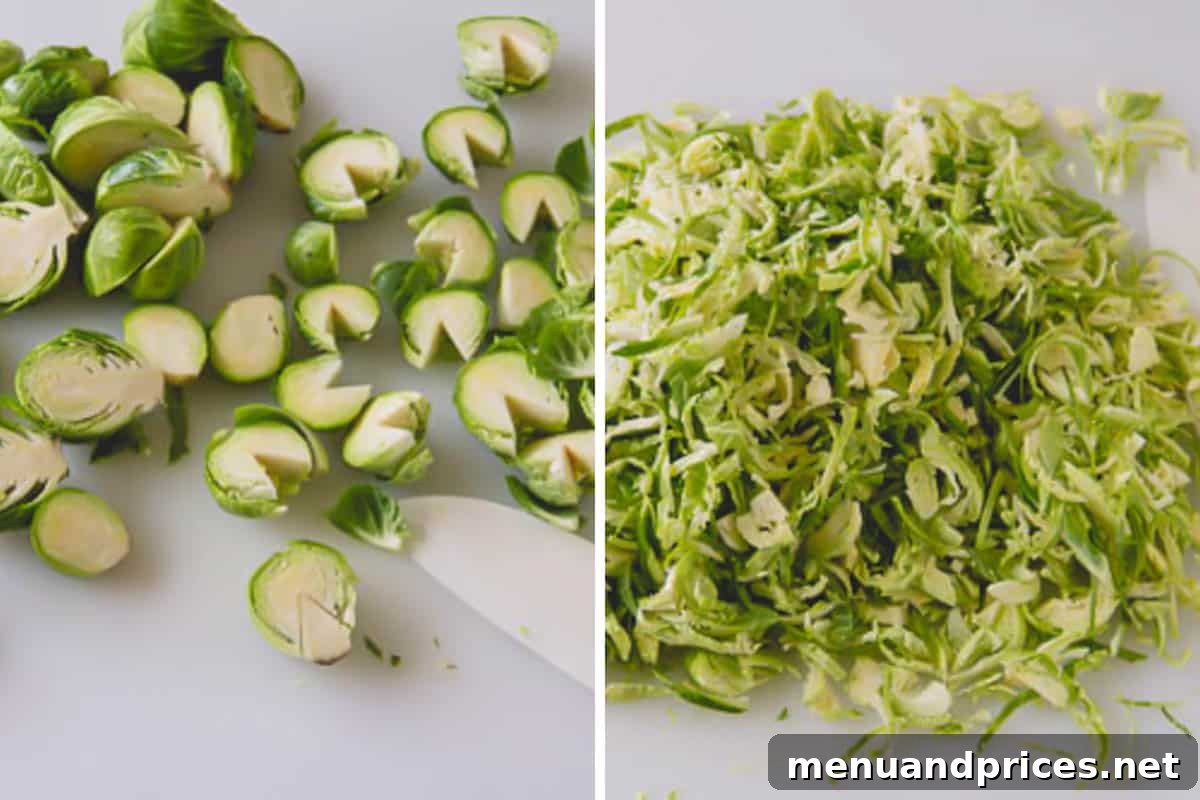 Roasted Brussels Quinoa Harvest Bowl 6 Side-by-side images showing cored Brussels sprouts and thinly sliced Brussels sprouts for the salad.