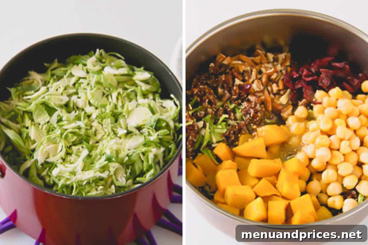 Roasted Brussels Quinoa Harvest Bowl 7 Two images: one of shaved Brussels sprouts added to a pot of cooked quinoa, and another of all salad ingredients combined in a large bowl.