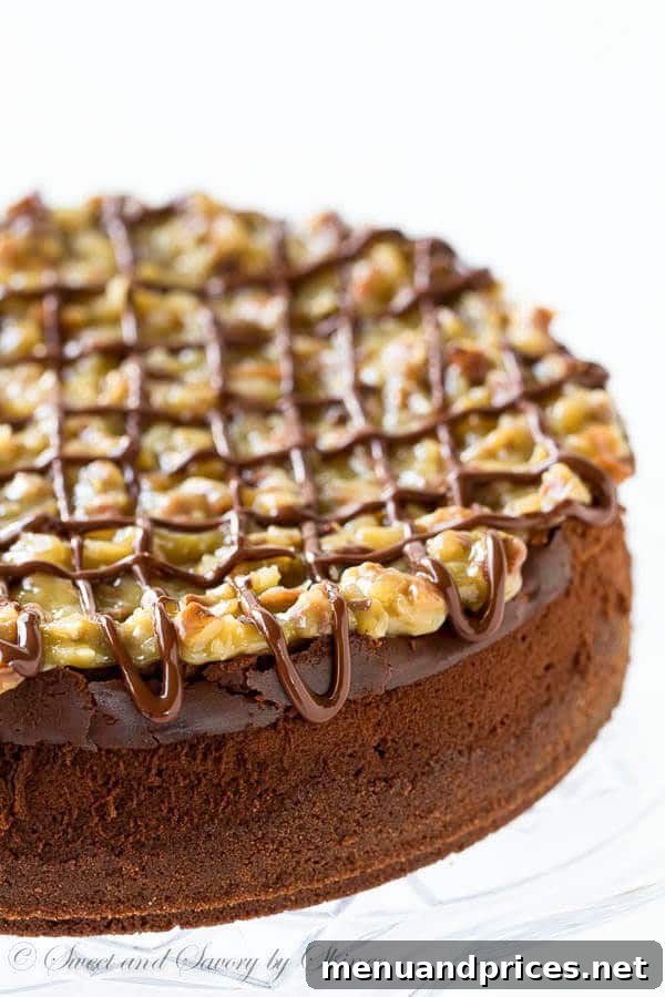 Decadent German Chocolate Cheesecake 2 A slice of incredibly rich and creamy German Chocolate Cheesecake with a decadent pecan-coconut frosting, presented beautifully on a plate, showcasing its luxurious texture and height.