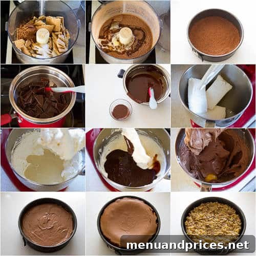 Decadent German Chocolate Cheesecake 4 A visual step-by-step photo tutorial for making German chocolate cheesecake, showing the process from preparing the chocolate crust, mixing the creamy filling, to spreading the finished pecan-coconut frosting.