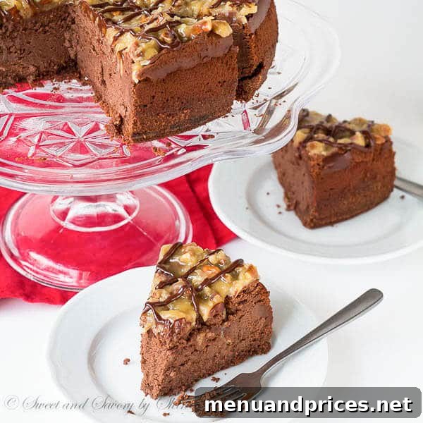 Decadent German Chocolate Cheesecake 5 A close-up side view of the tall German Chocolate Cheesecake, highlighting its rich, multi-layered composition and the generous, inviting pecan-coconut topping, ready to be sliced and enjoyed.