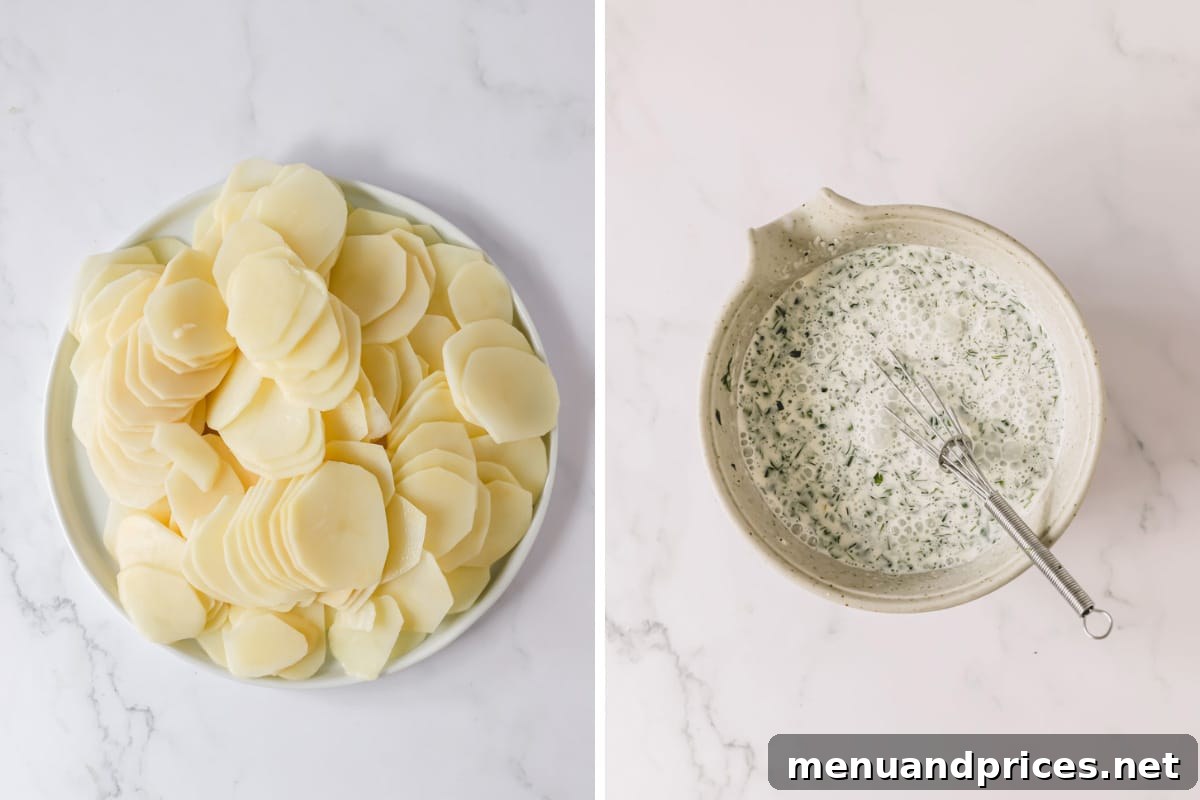 Creamy Cheesy Potato Gratin 4 Thinly sliced potato rounds and an herbed milk mixture in separate bowls.