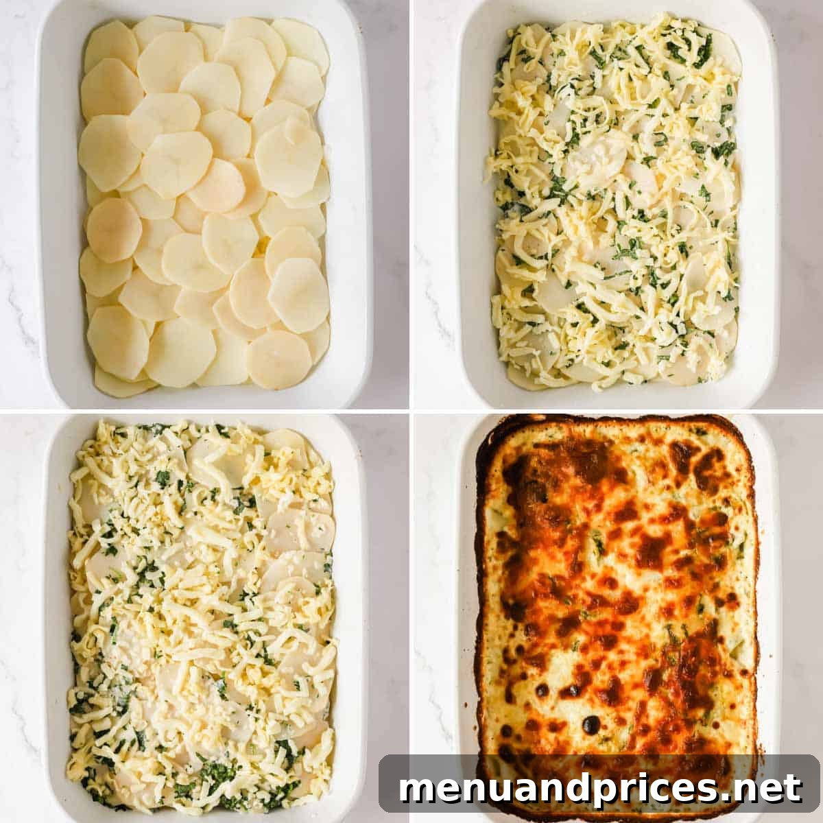 Creamy Cheesy Potato Gratin 5 Four images showing the process of creating cheesy scalloped potatoes, from layering to baked perfection.