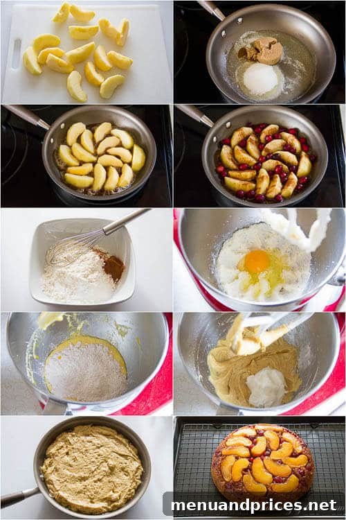 Sticky Caramel Apple Cranberry Coffee Cake 5 Step-by-step photo tutorial showing the process of making Apple Cranberry Upside Down Coffee Cake.