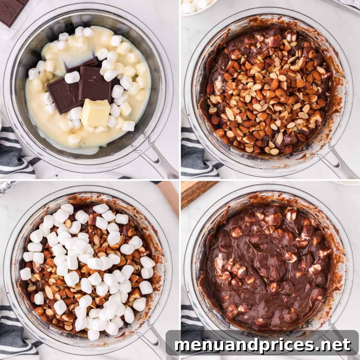 Creamy Rocky Road Indulgence 5 A large heatproof bowl filled with melted chocolate, marshmallows, and almonds, ready to be poured into the pan.