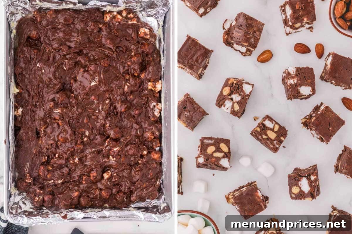 Creamy Rocky Road Indulgence 6 A baking dish full of set rocky road fudge, followed by an image of perfectly sliced fudge squares.