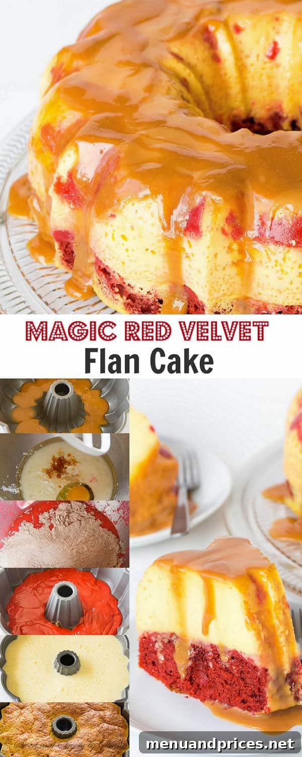 Stunning Magic Red Velvet Flan Cake with vibrant red velvet, creamy flan, and glistening caramel layers